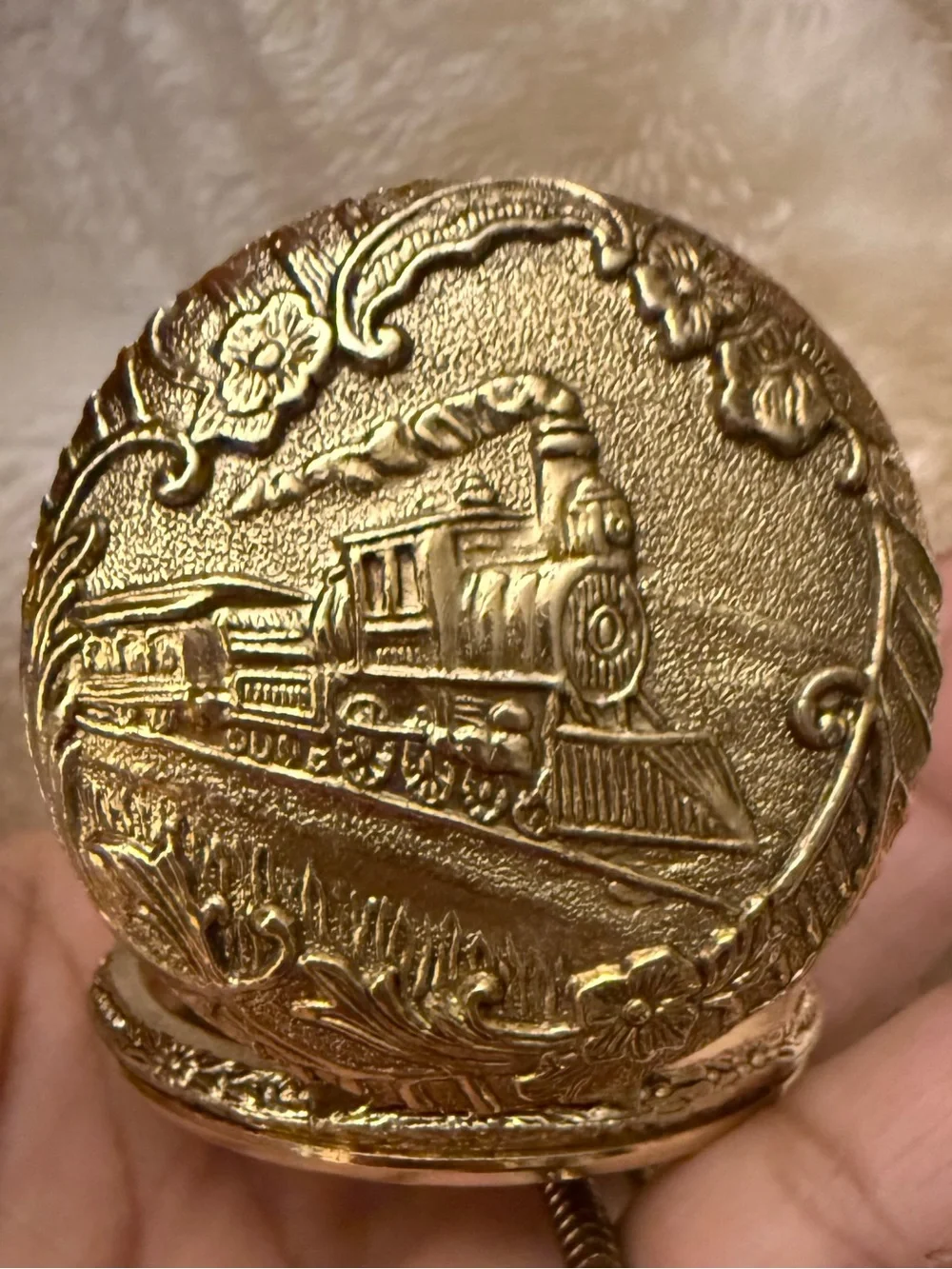 Source Unknown Gold-Tone Train Engraved Pocket Watch with Chain